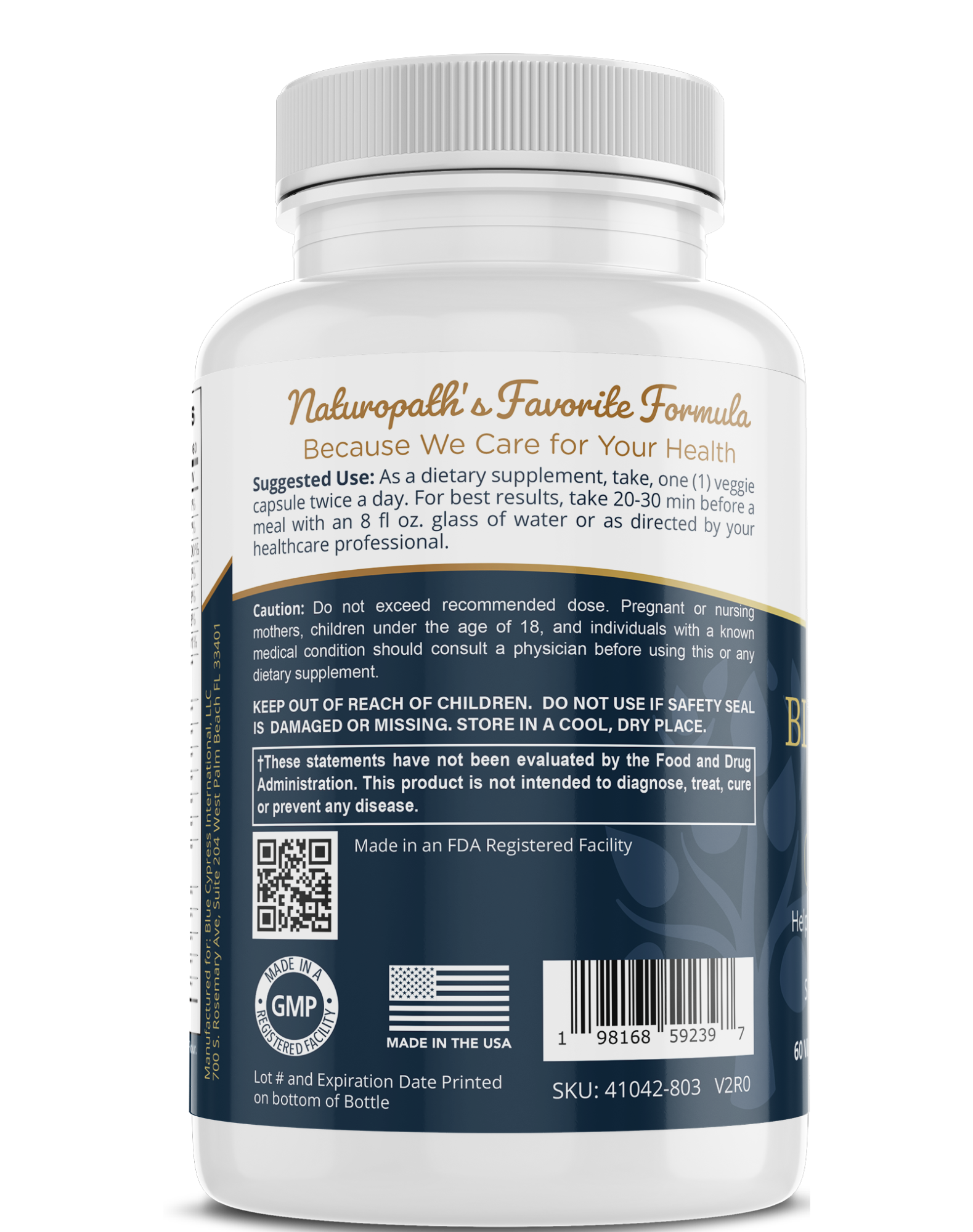 my balance supplement bottle back label with cautions, made in USA