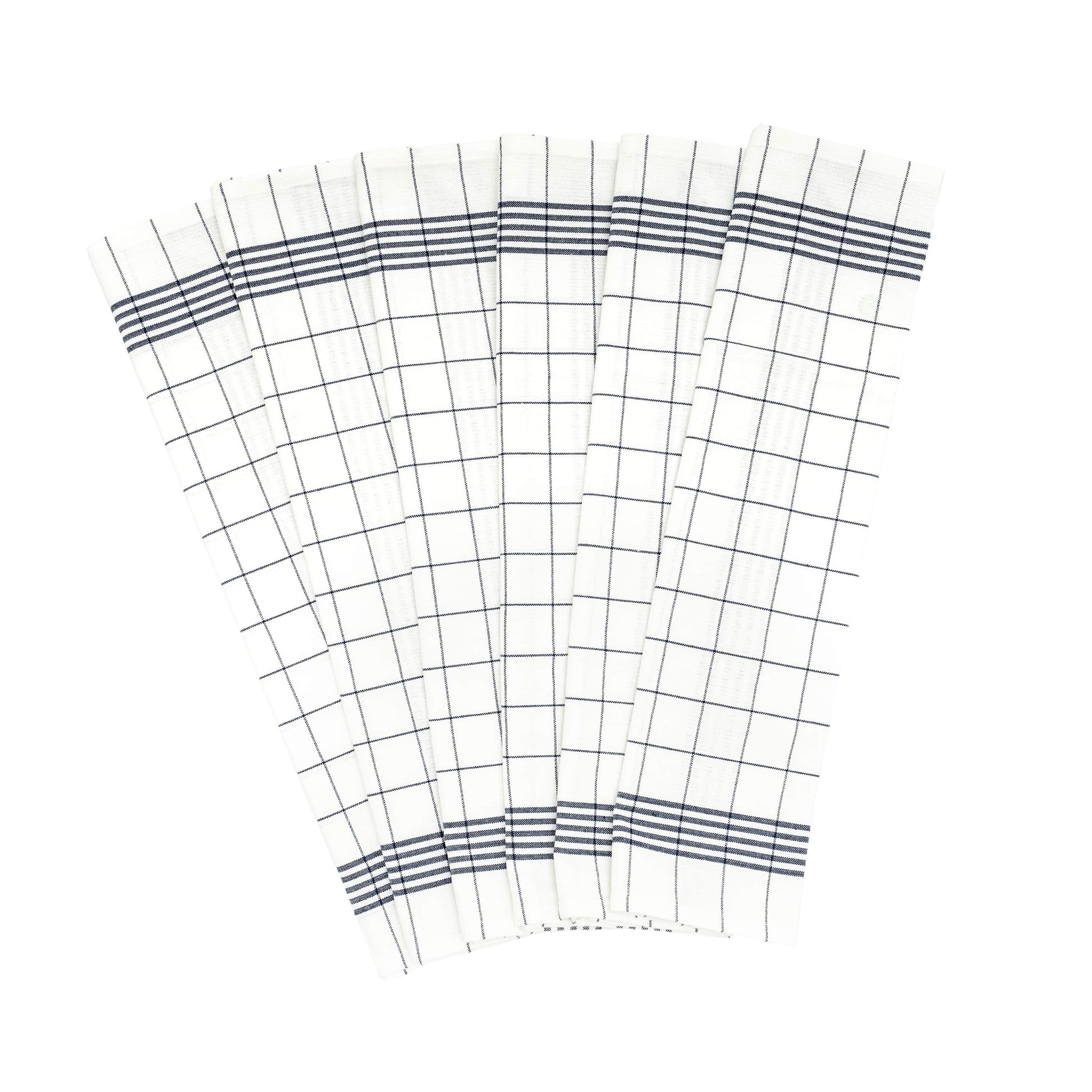 White kitchen towels with blue windowpane grid, folded set of towels