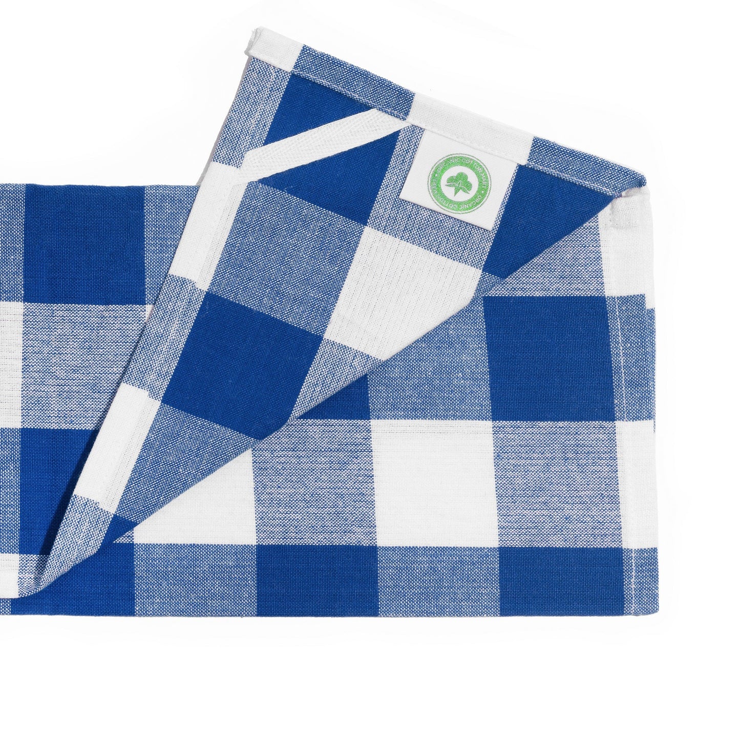 Plaid kitchen towel, blue and white check pattern, folded with woven label detail
