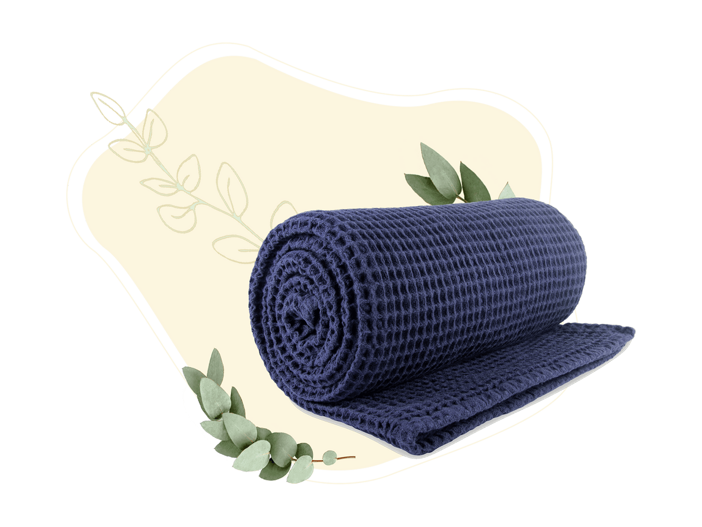 Deep blue waffle weave throw blanket rolled and folded, showing waffle texture.