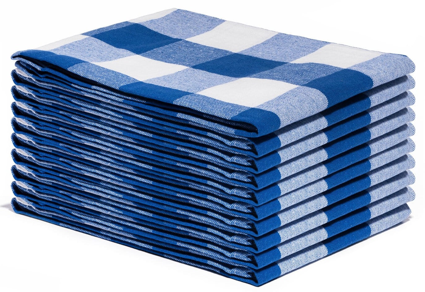 Plaid kitchen towels, blue and white check pattern, neatly stacked set