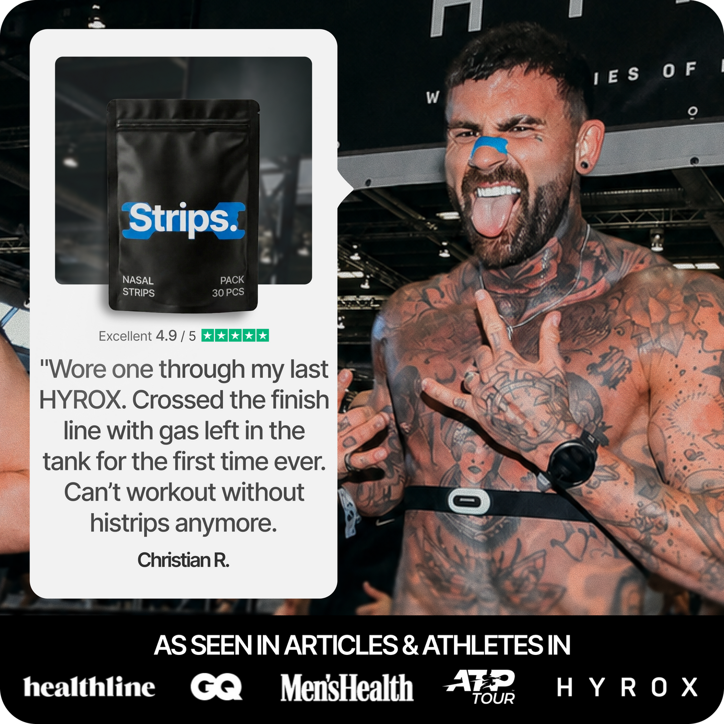 Black nasal strips pouch and blue nasal strip on a smiling man’s face