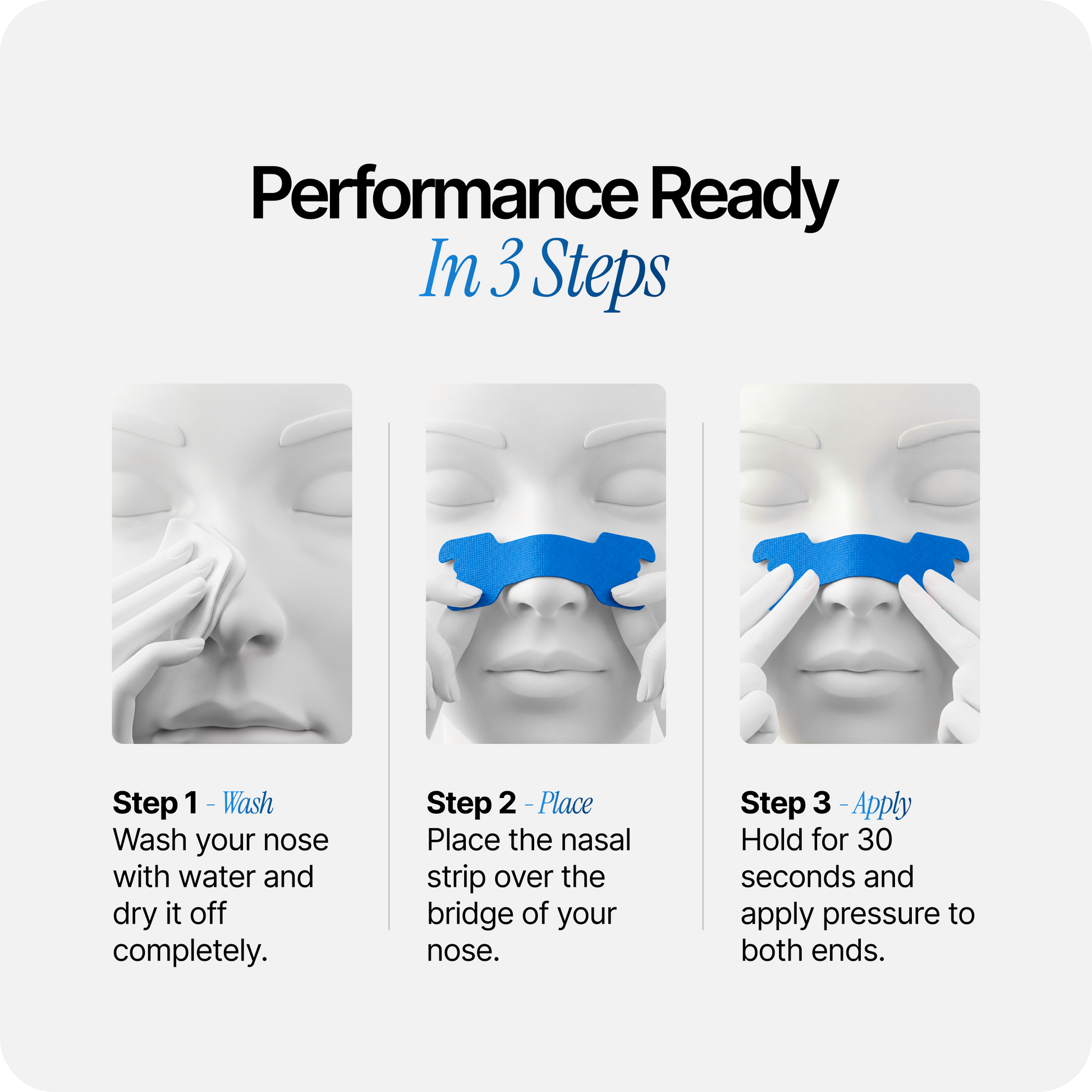 Three-step nasal strip application guide with blue strip placement
