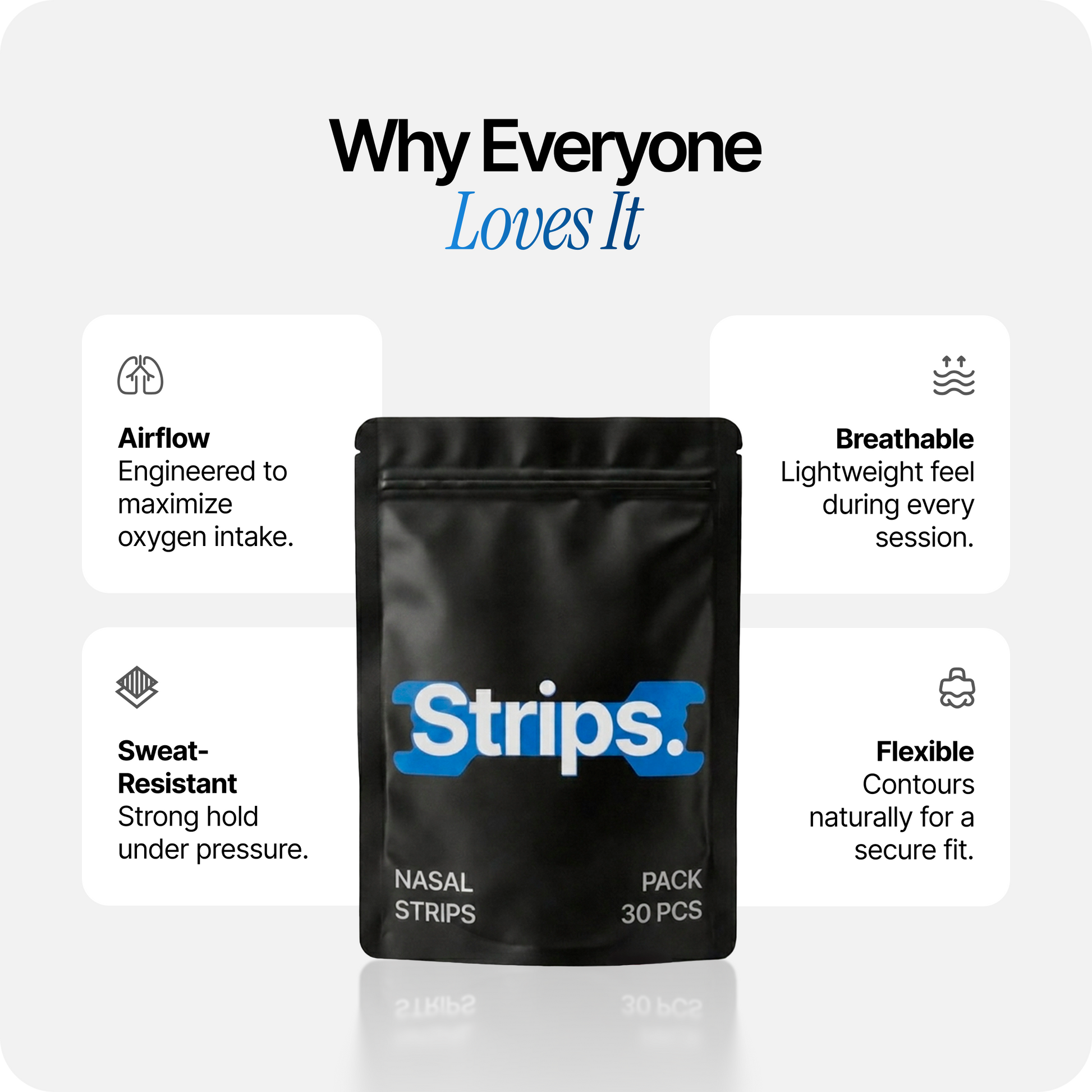 Nasal strips pouch with Strips. label and benefits icons on a white layout