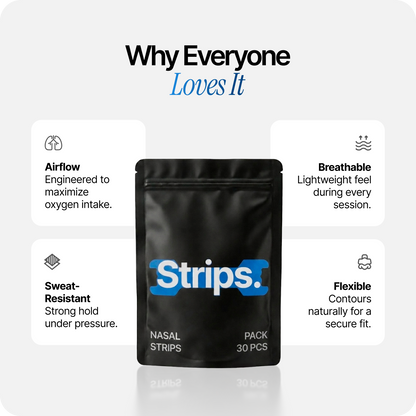 Nasal strips pouch with Strips. label and benefits icons on a white layout