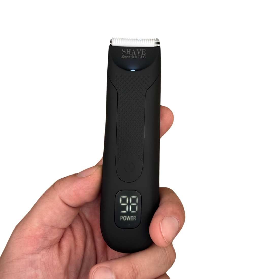 BodyGroom Pro trimmer with blade up, black body and POWER button