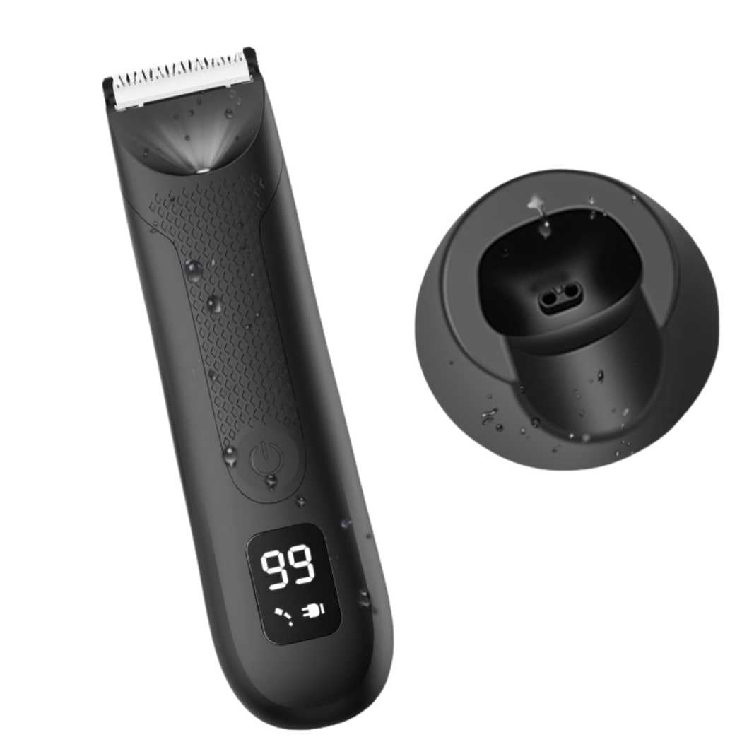 BodyGroom Pro trimmer and charging dock, black body with LED display