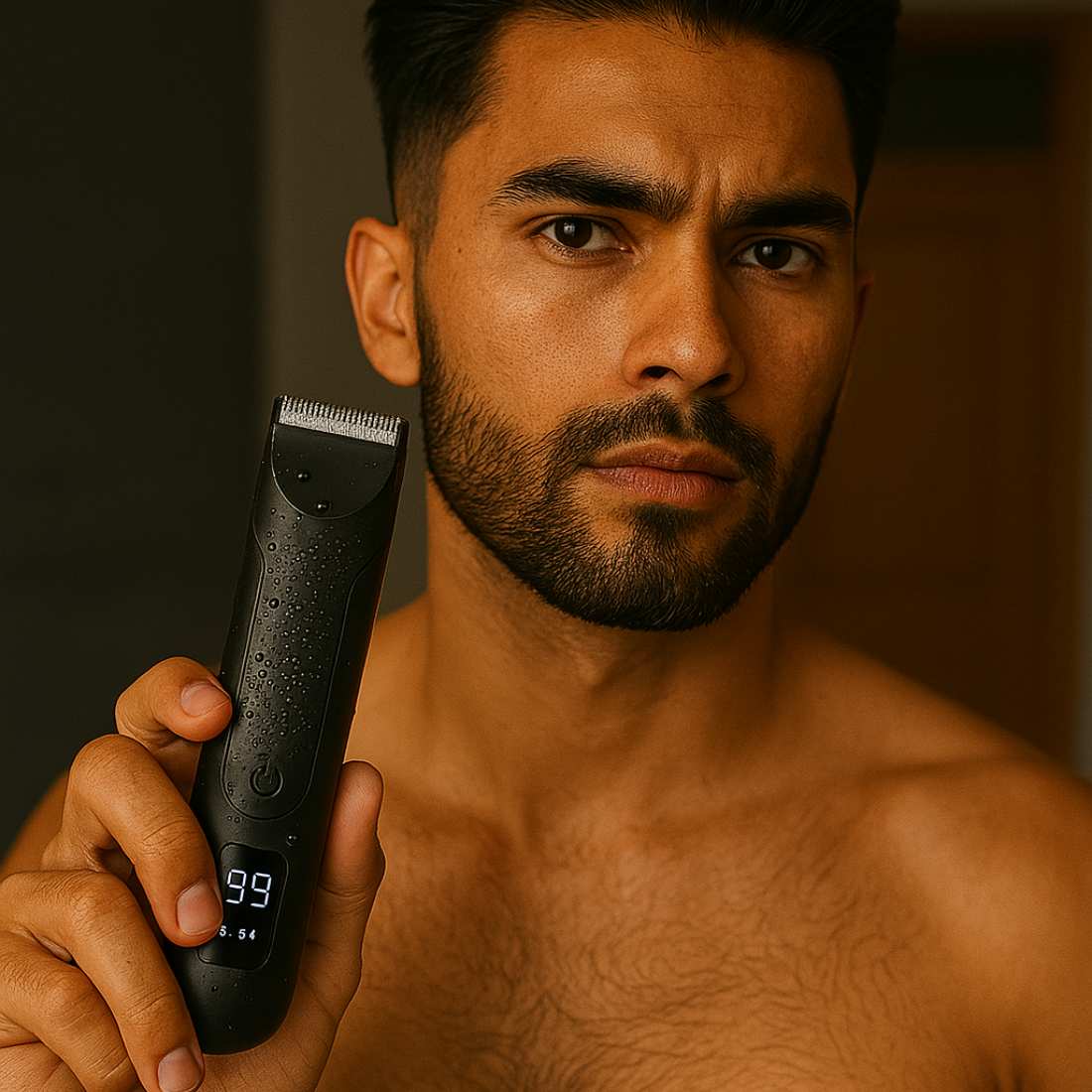 BodyGroom Pro electric trimmer held in hand, black with LED display