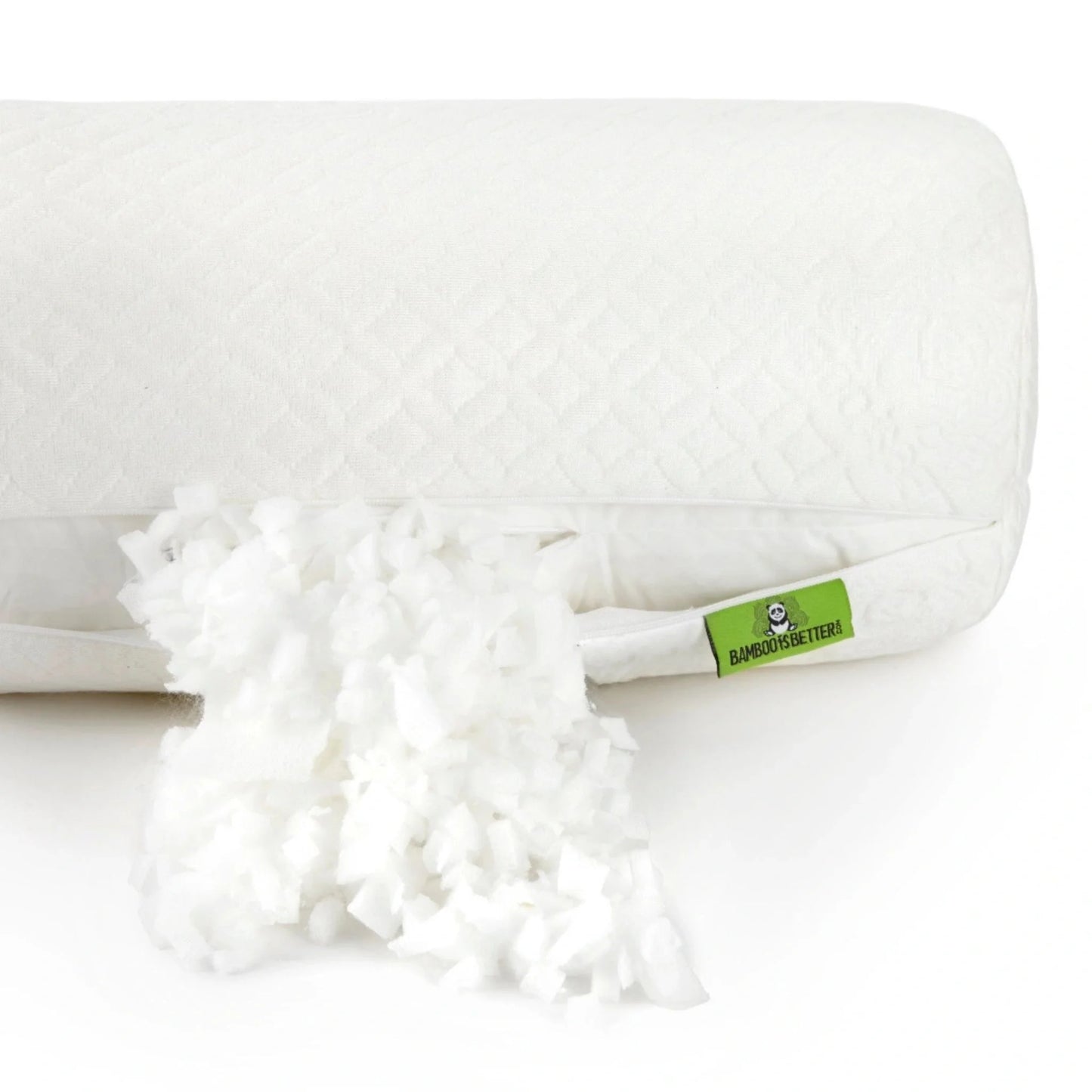 White adjustable bamboo cooling bolster pillow, open zipper, green tag and filling visible