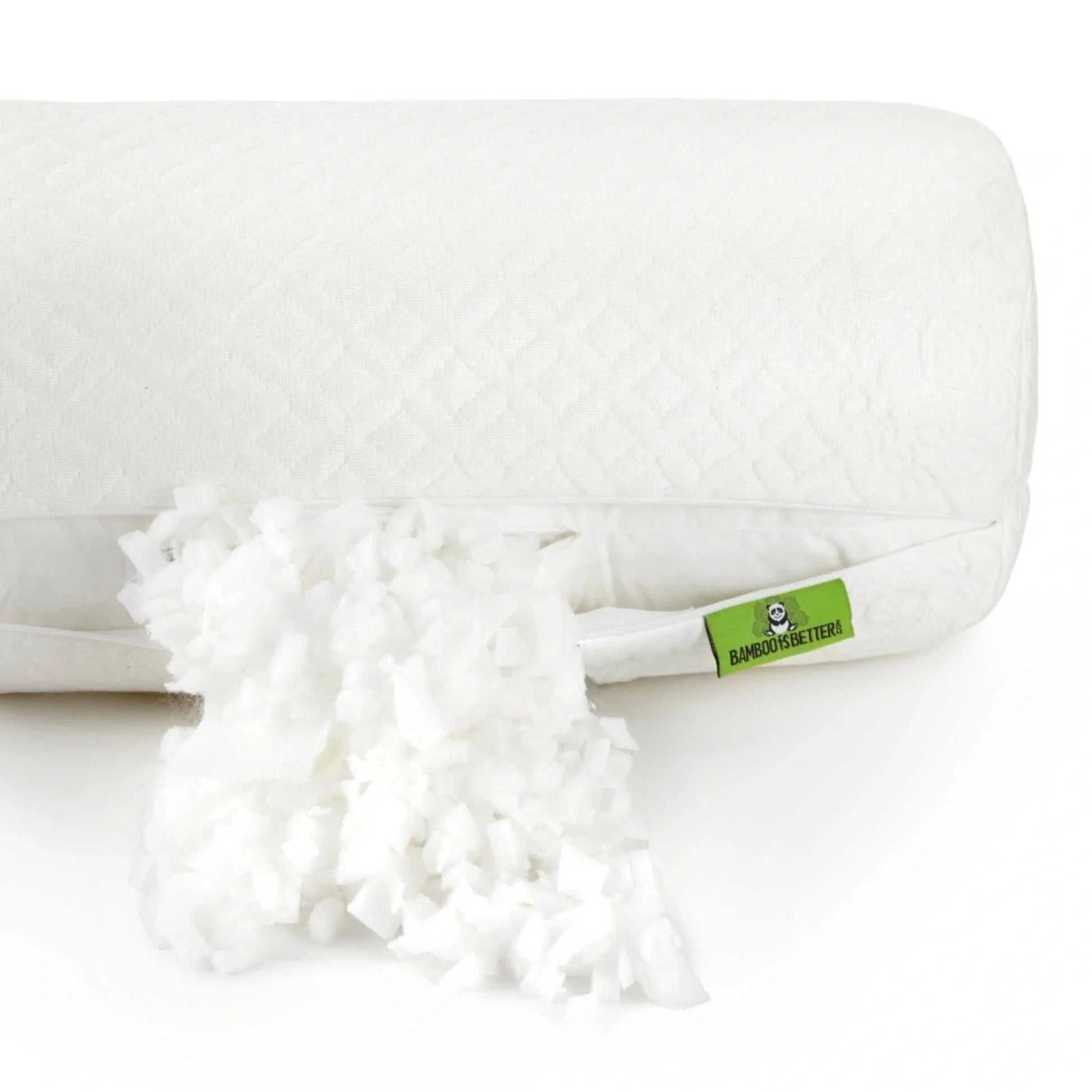 White adjustable bamboo cooling bolster pillow, open zipper, green tag and filling visible