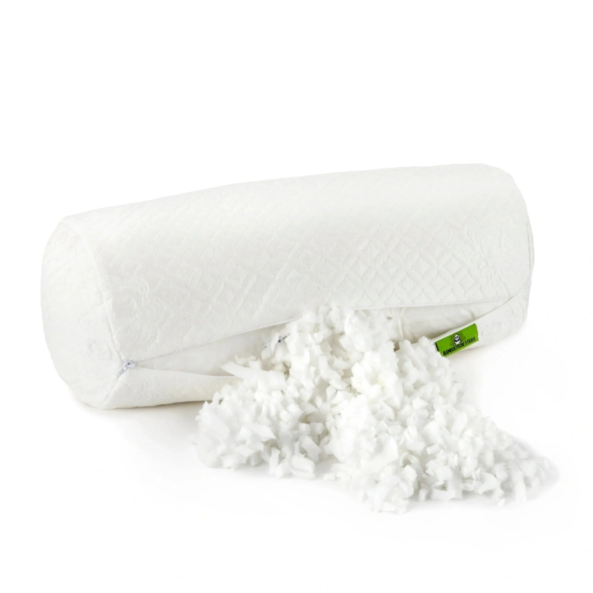 White adjustable bamboo cooling bolster pillow, partially unzipped with green label and filling