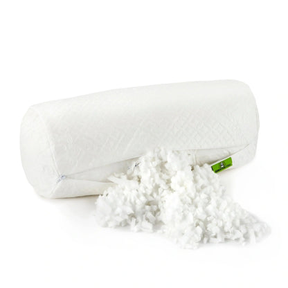 White adjustable bamboo cooling bolster pillow, partially unzipped with green label and filling