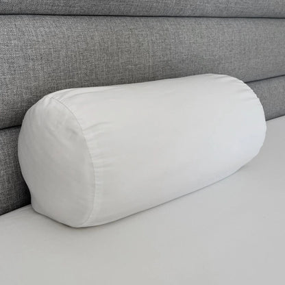 White bolster pillowcase, cylindrical cover with stitched end seams.