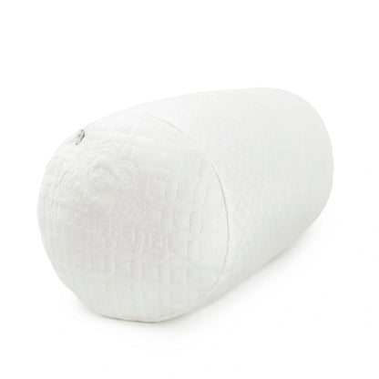 Adjustable bamboo cooling bolster pillow, white round end with quilted fabric texture