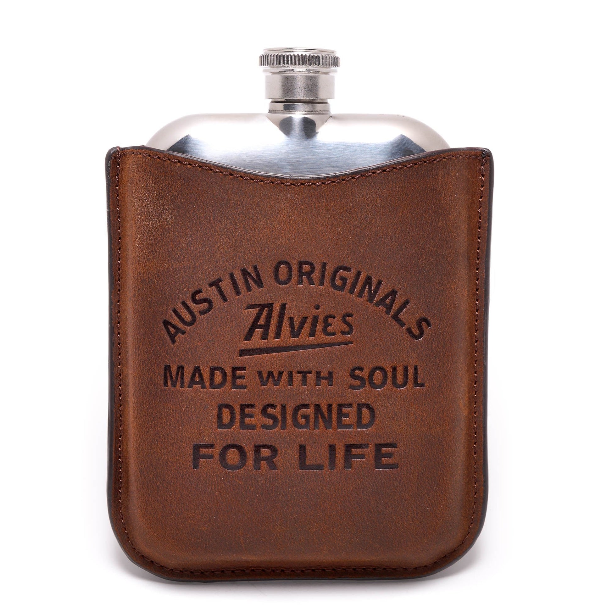 Brown boot flask with rounded stainless top and engraved front panel.