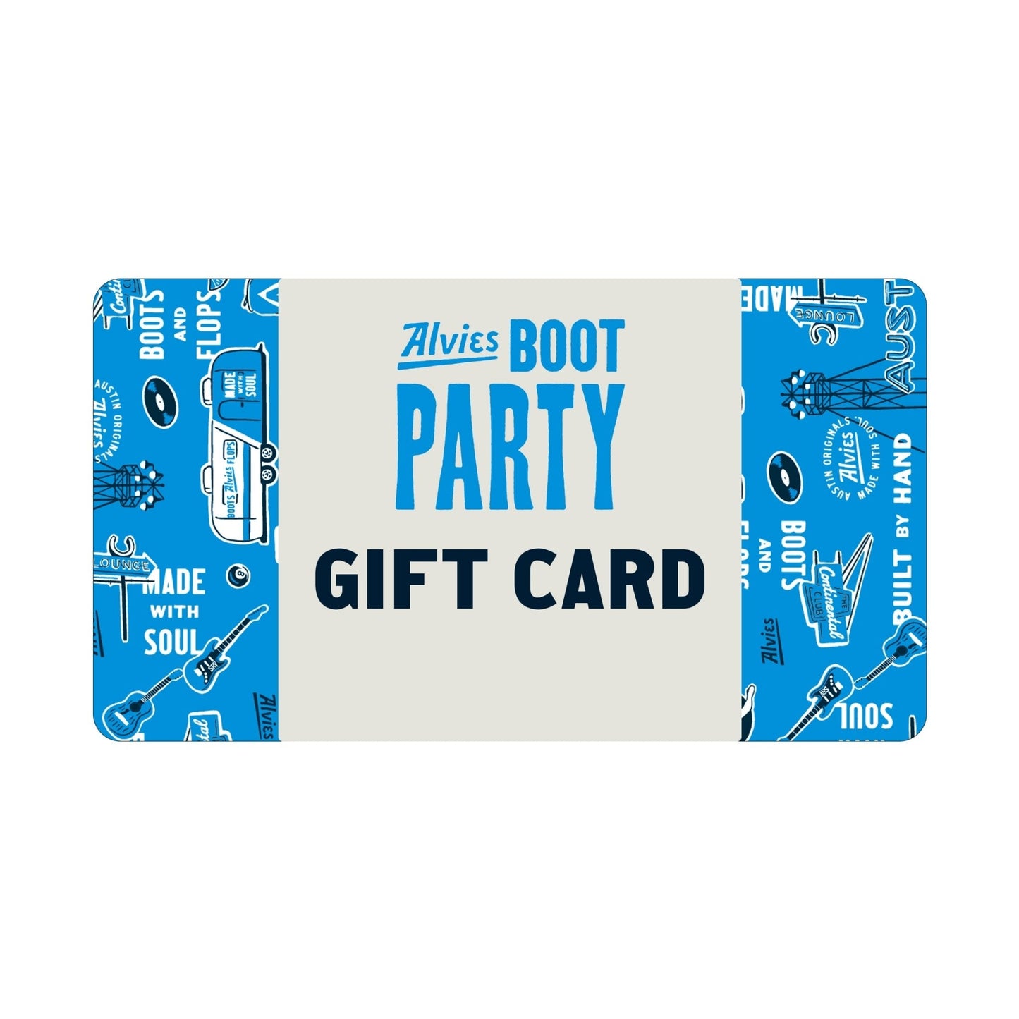 Boot Party digital gift card, blue and white card with 'GIFT CARD' text