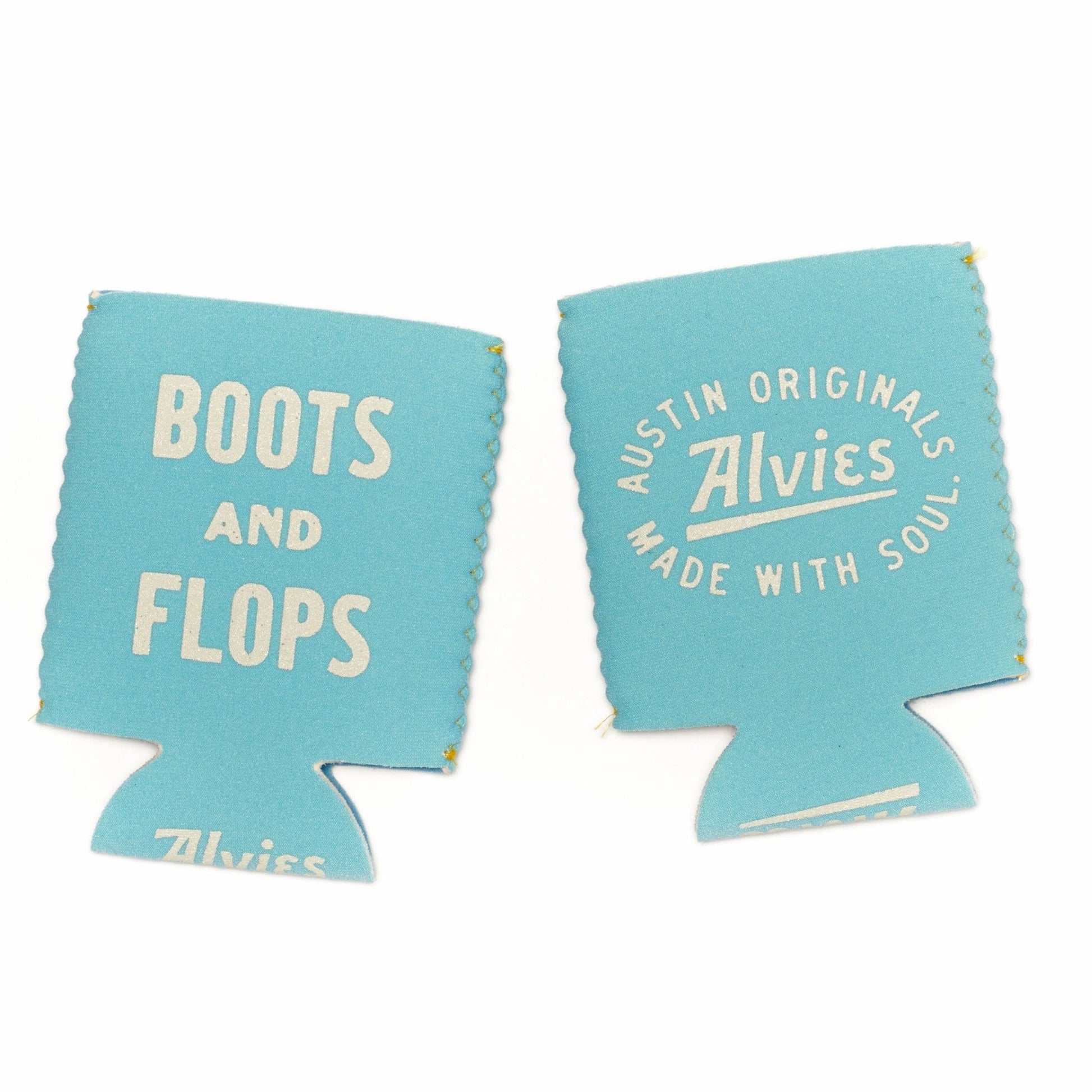 Can cooler sleeve set in blue with “BOOTS AND FLOPS” text