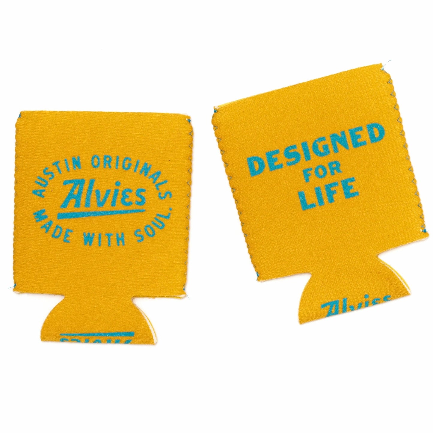 Can cooler sleeve set in yellow with “DESIGNED FOR LIFE” text