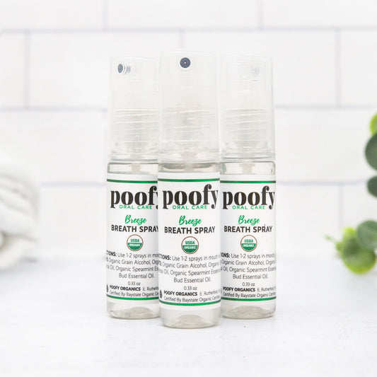 3-pack breath spray bottles with clear pump tops, green-and-white Poofofy labels