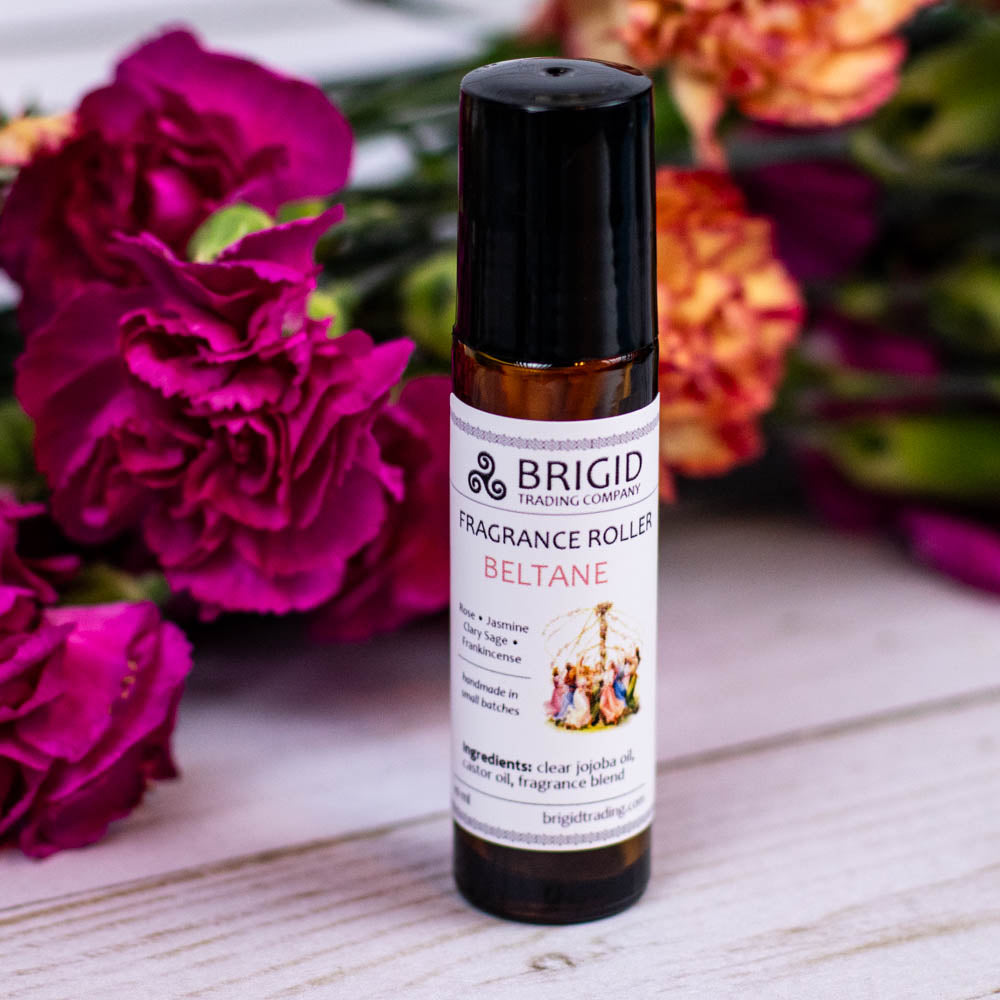 Rose & Jasmine fragrance roller bottle with black cap and BRIGID label
