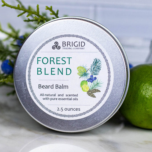 BRIGID Forest Blend beard balm tin with silver lid and 2.5 ounces label