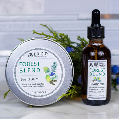 Beard balm tin beside beard oil bottle with dropper tip