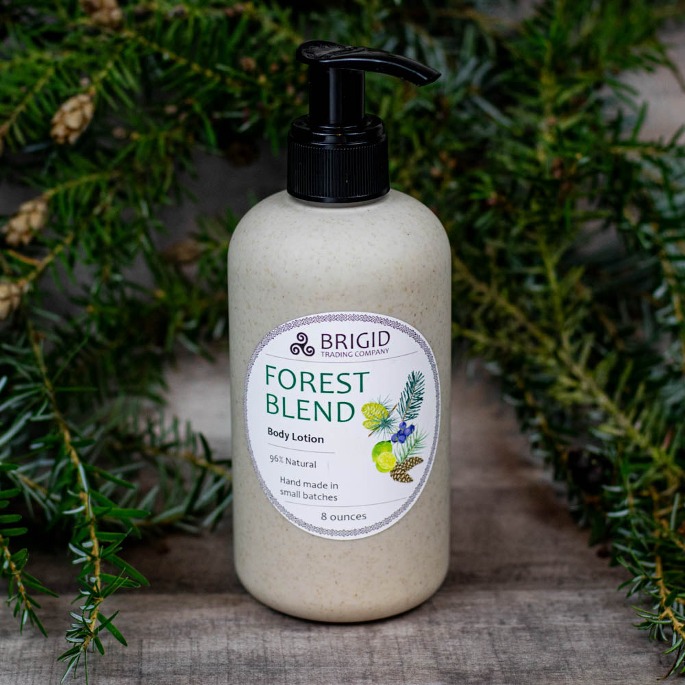 Natural body lotion pump bottle with Forest Blend label