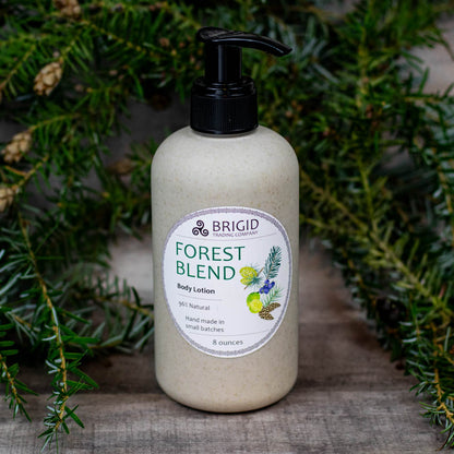 Natural body lotion pump bottle with Forest Blend label