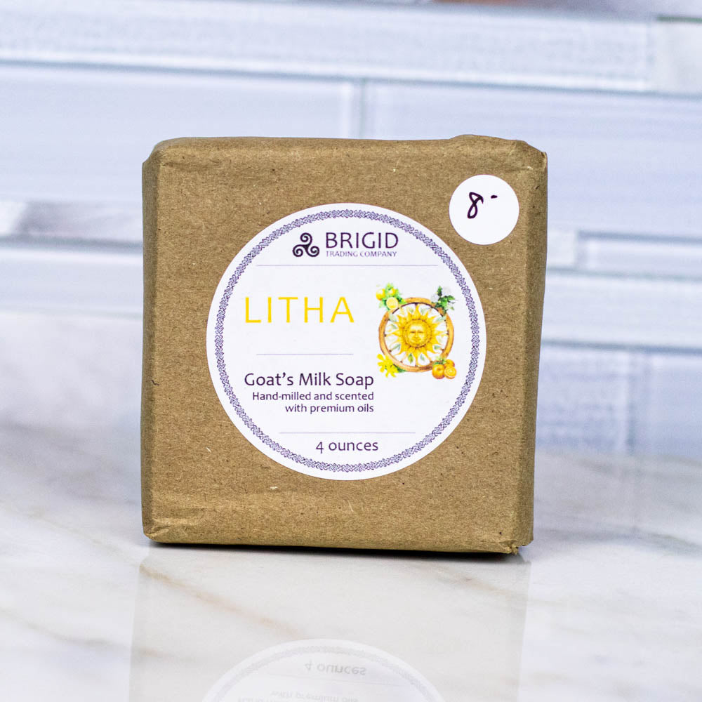 Goat's milk soap bar in kraft paper with 'Litha' label, 4 ounces.