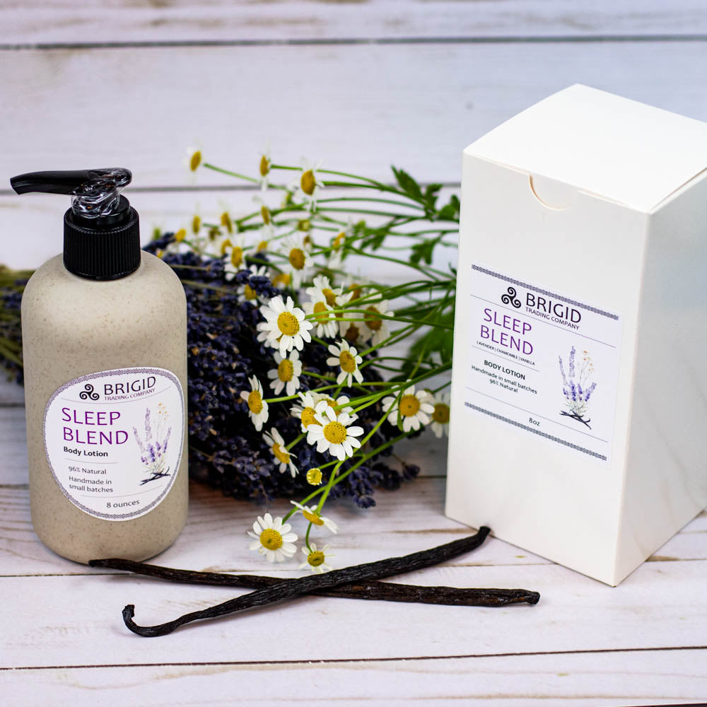 Body lotion bottle with pump and white product box, BRIGID Sleep Blend label