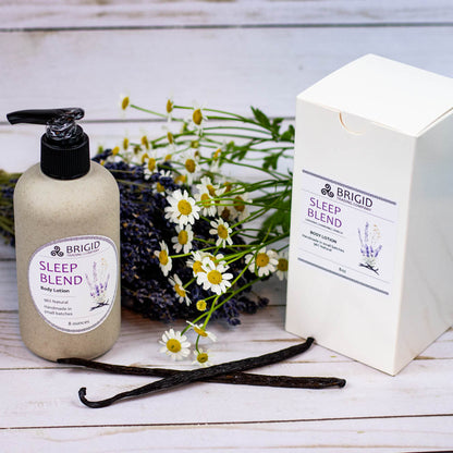 Body lotion bottle with pump and white product box, BRIGID Sleep Blend label