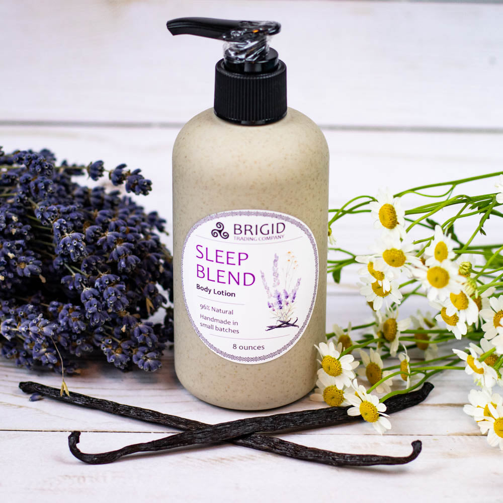Body lotion bottle with black pump, BRIGID Sleep Blend label and lavender image
