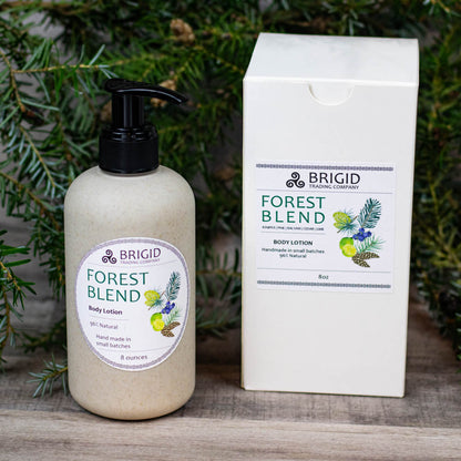 Natural body lotion pump bottle with forest blend label and matching product carton