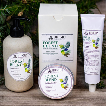 Natural body lotion set: pump bottle, carton, and solid lotion bar tin