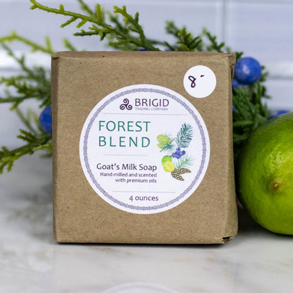 Goat's milk soap bar in kraft paper with 'Forest Blend' label, 4 ounces.