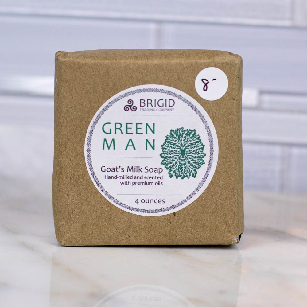 Green Man goat milk soap in tan paper box with BRIGID label and 4 ounces count.