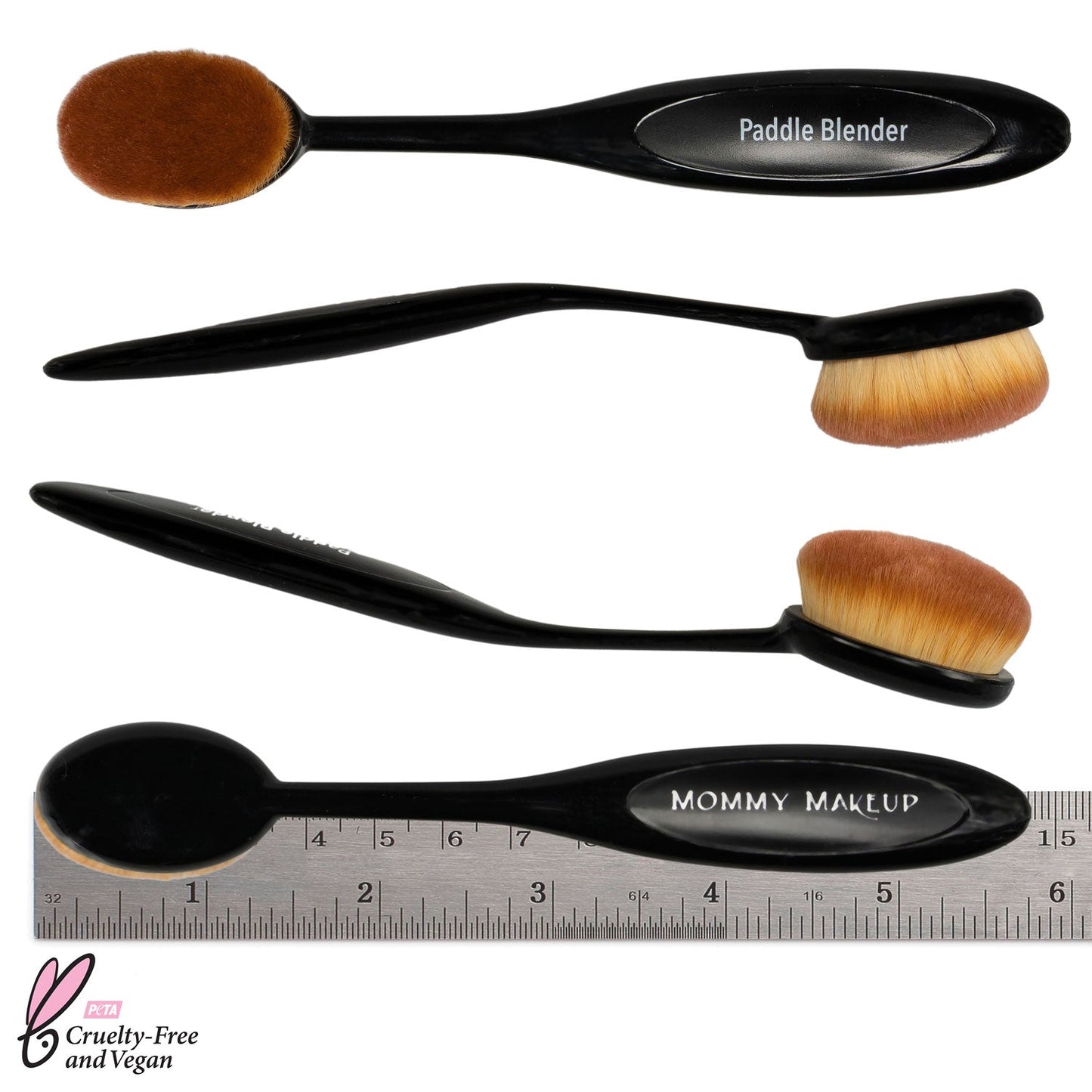Paddle blender makeup brush with oval brown bristle heads and black handle, labeled Paddle Blender