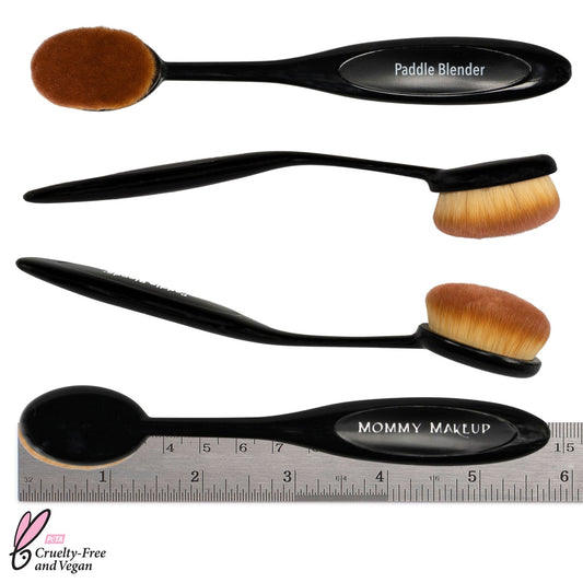 Paddle blender makeup brush with oval brown bristle heads and black handle, labeled Paddle Blender