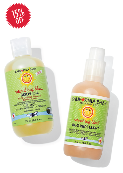 Bug Blend body oil bottles, two sizes, green labels with pale yellow and peach liquid