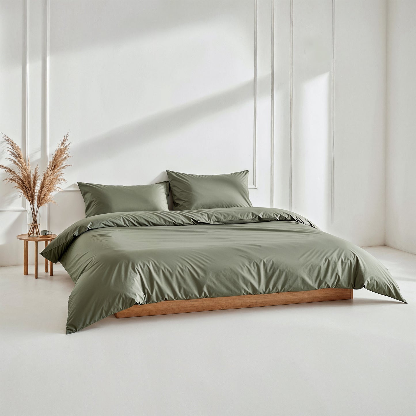 Bedding set in olive: duvet and two pillow shams with smooth sateen finish