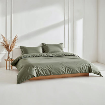 Bedding set in olive: duvet and two pillow shams with smooth sateen finish