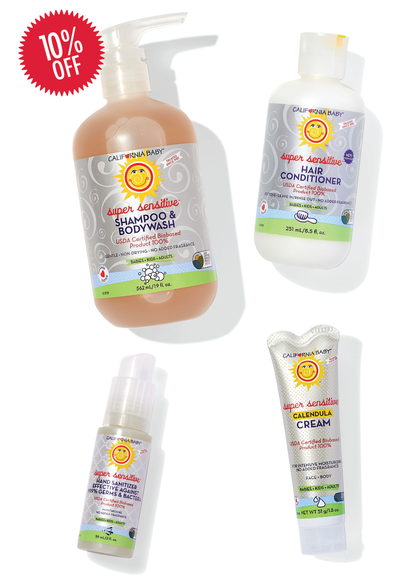 Sensitive skin bath essentials: pump shampoo bottle, conditioner bottle, and cream tube