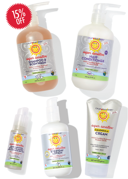 Sensitive skin bath essentials set: pump bottles and baby cream, no added fragrance
