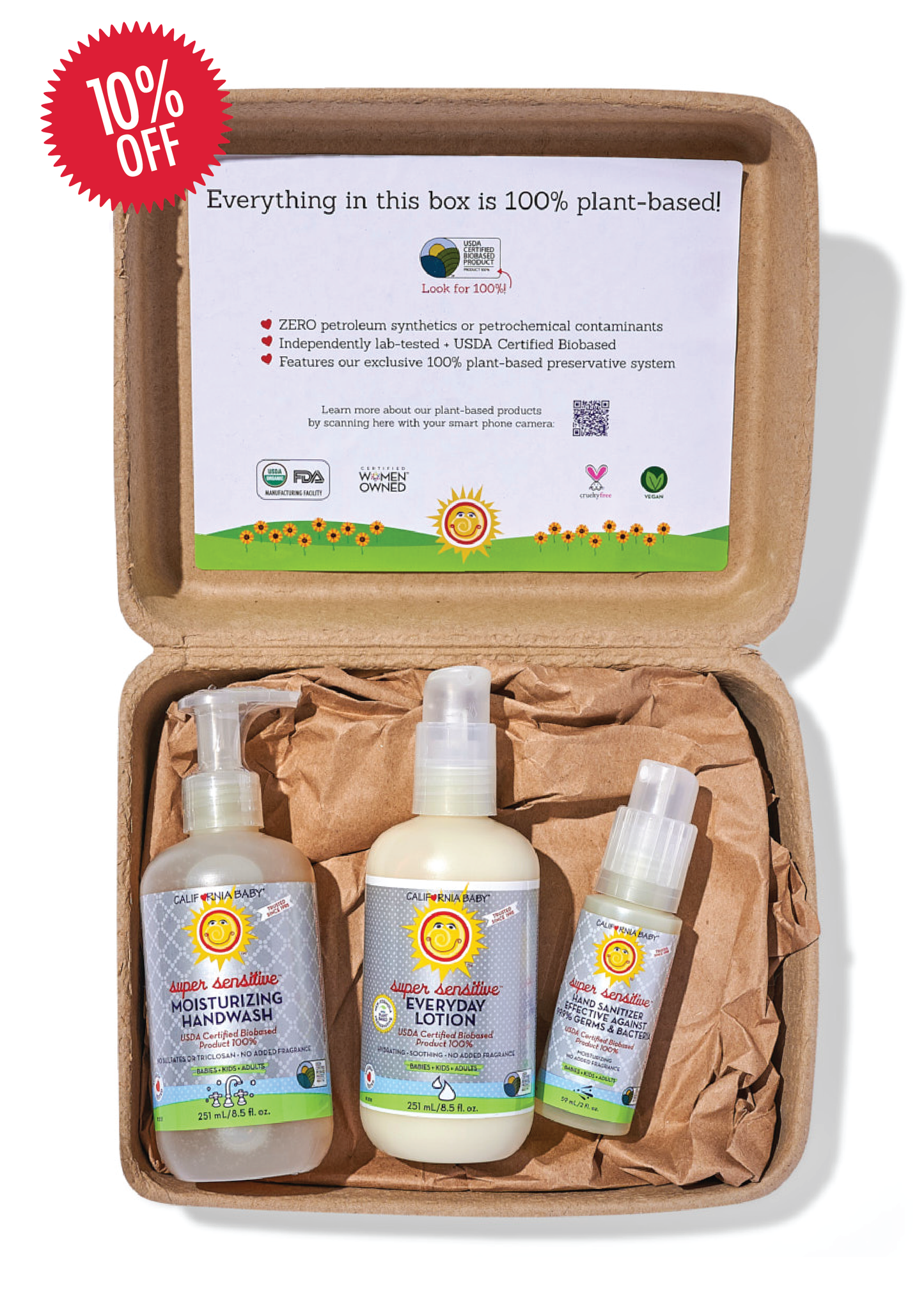 Hands kit in open kraft box with 3 pump bottles: handwash, lotion, and mini size