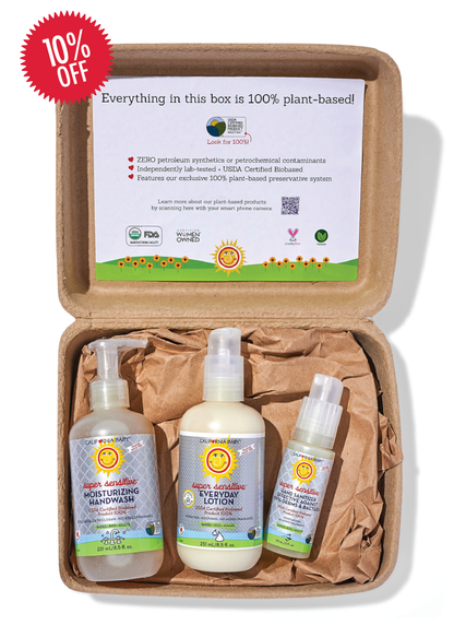 Hands kit in open kraft box with 3 pump bottles: handwash, lotion, and mini size