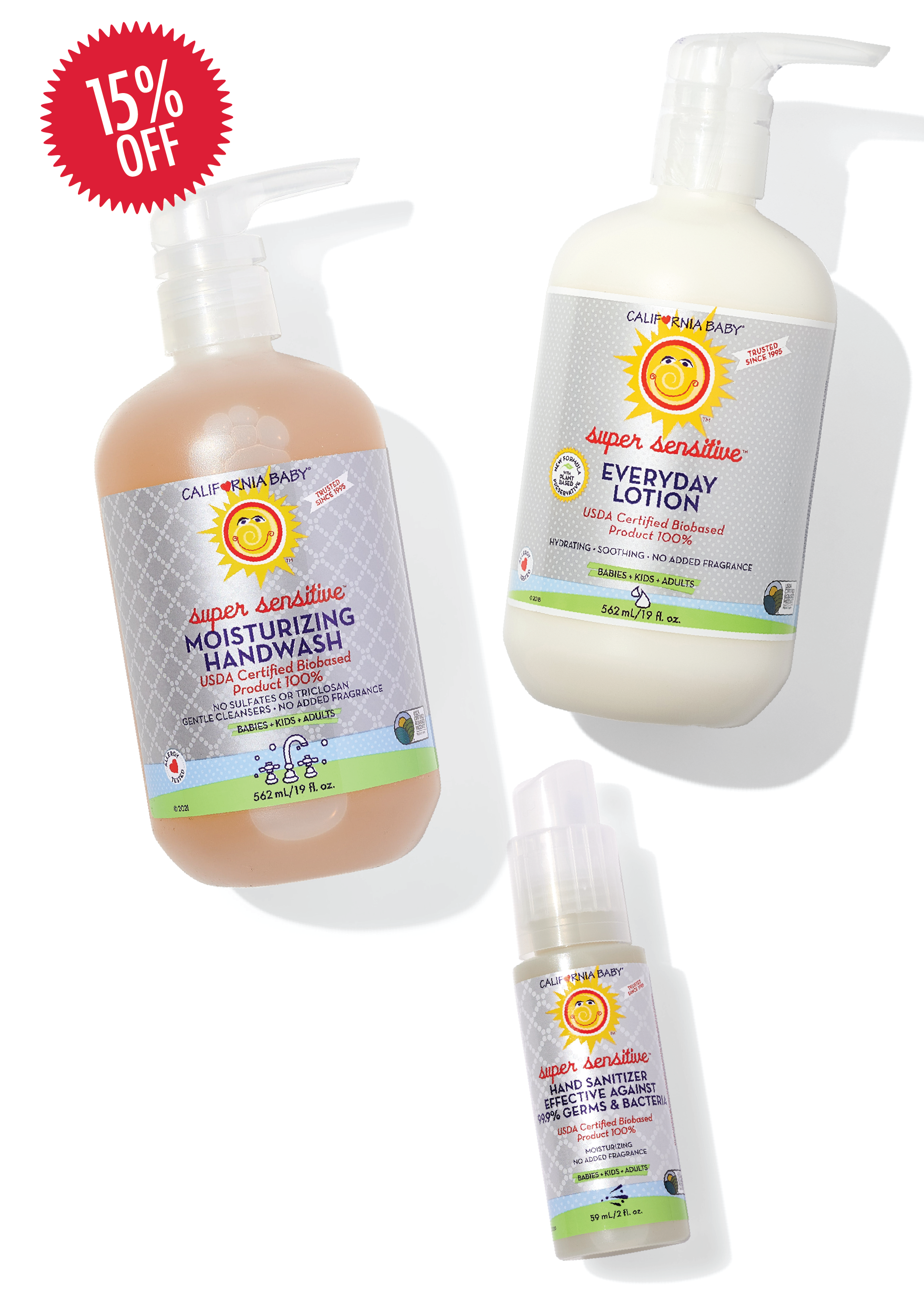 Fragrance-free hands kit with handwash and lotion pump bottles (3-piece set)