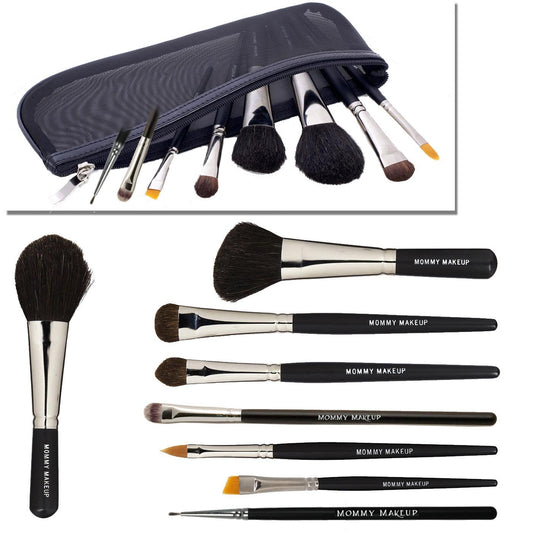 Makeup brush set with zip pouch, black handles, mixed-size fluffy bristles
