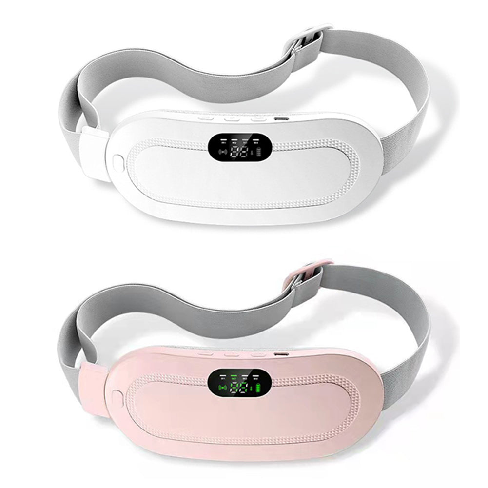 White abdominal massage belt with gray strap and center control display pad
