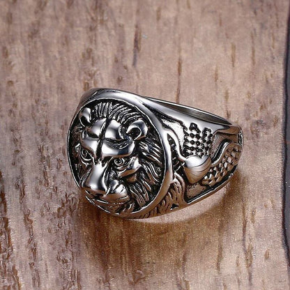 Lion head signet ring, silver-tone with engraved lion face and arched top
