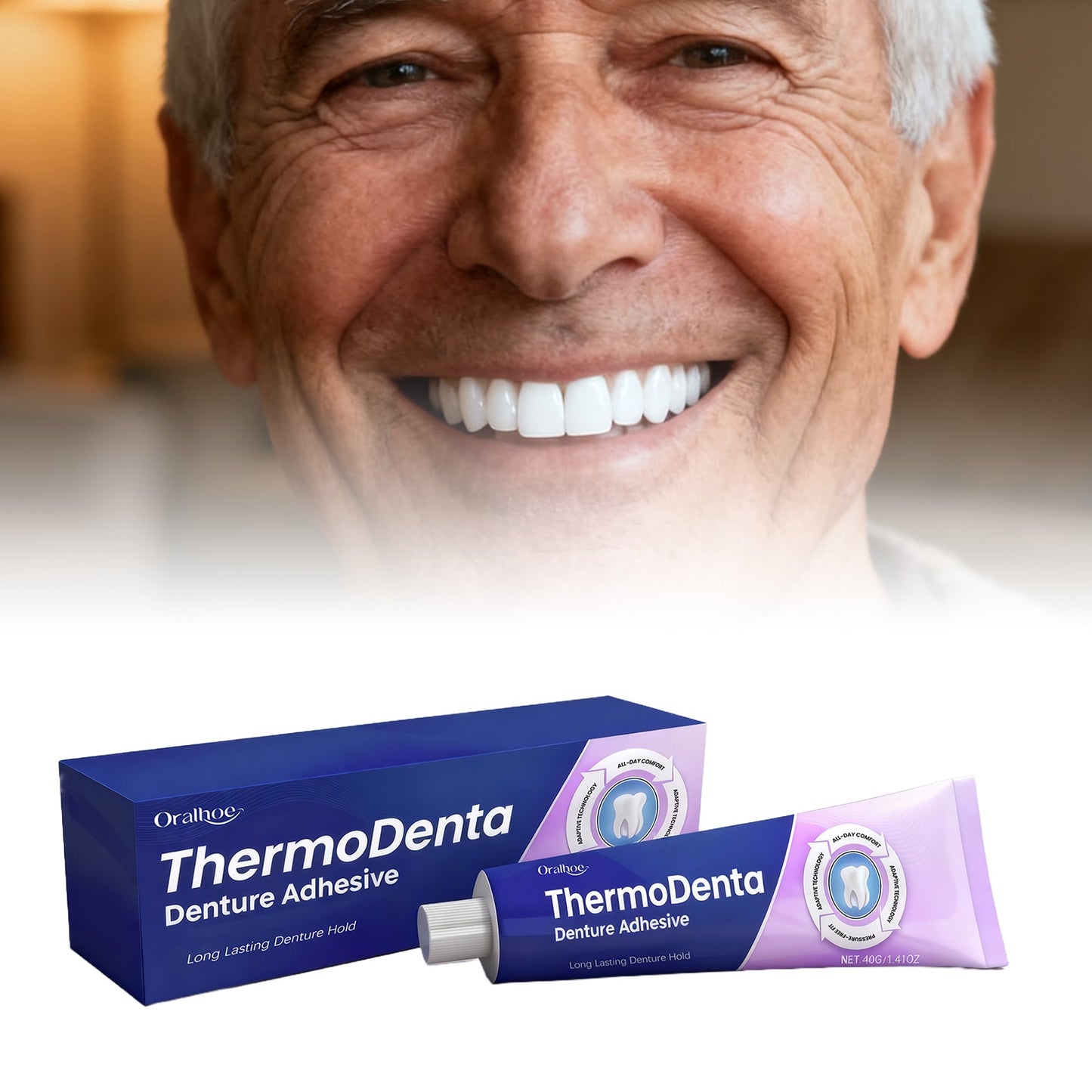 Denture adhesive box and tube, purple and white with ThermoDenta branding